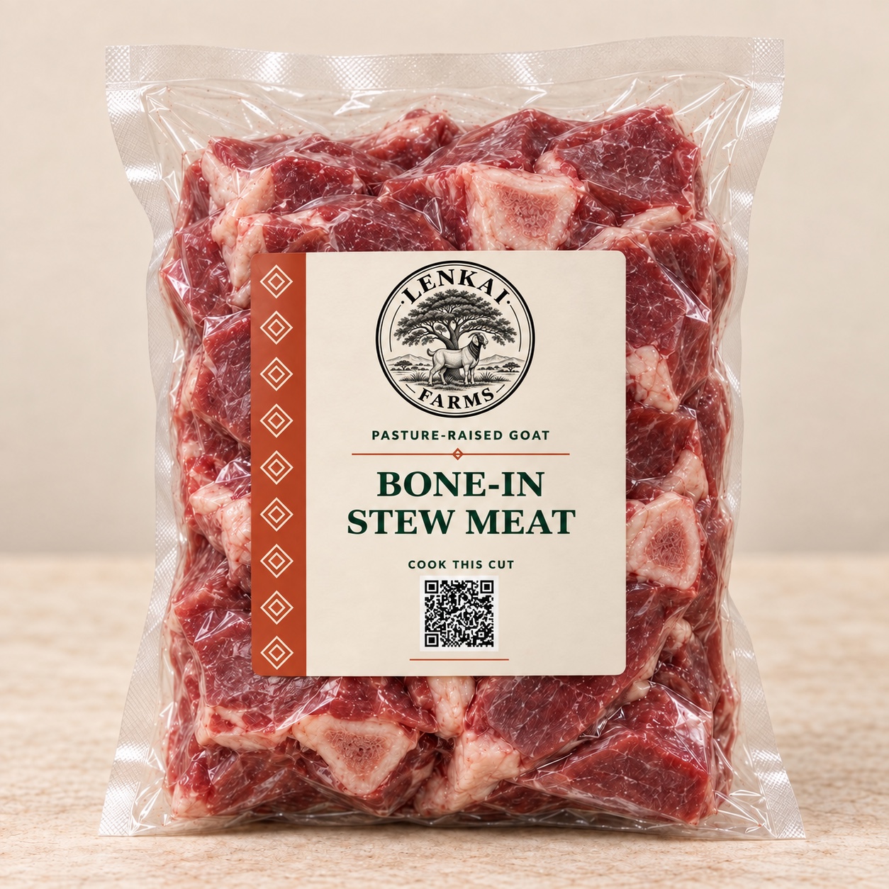 Lenkai Farms bone-in goat stew meat in its vacuum-sealed retail package