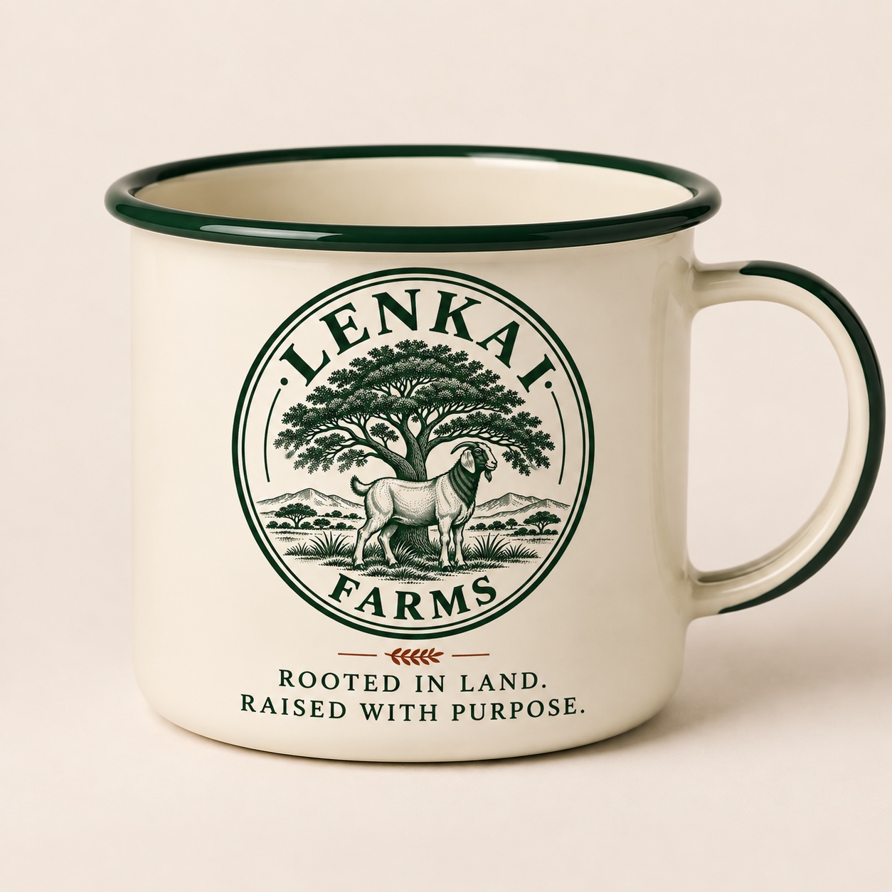Cream Lenkai Farms enamel camp mug with forest green rim