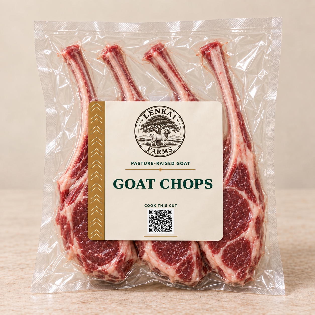 Lenkai Farms bone-in goat chops in their vacuum-sealed retail package
