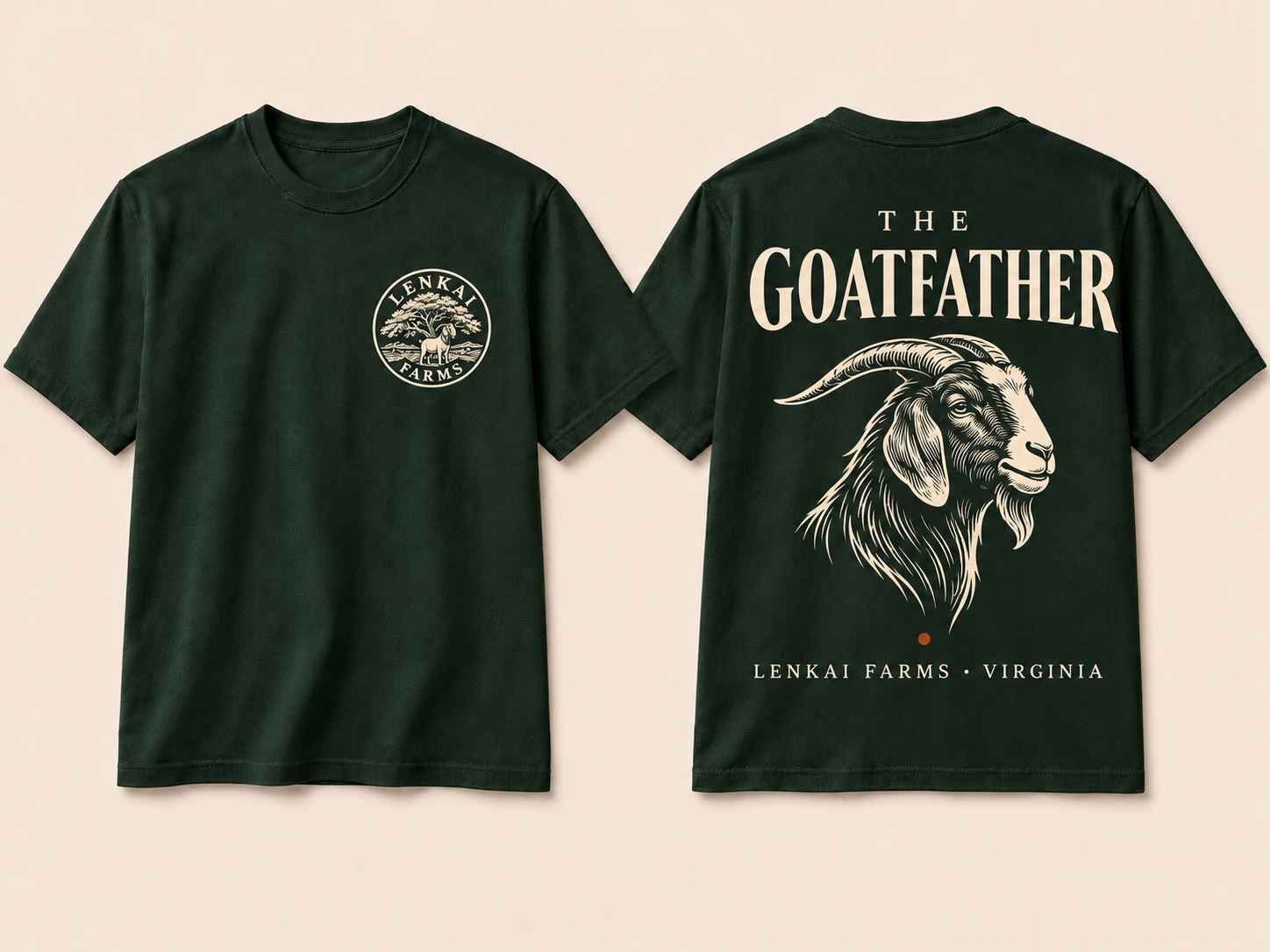 Forest green Lenkai Farms Goatfather Tee shown from the front and back