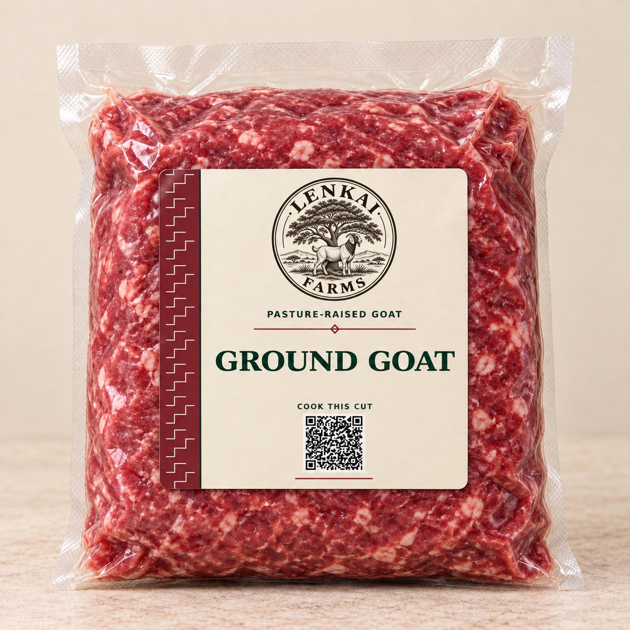 Lenkai Farms ground goat in its vacuum-sealed retail package