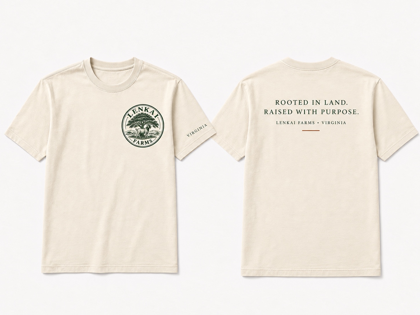 Warm cream Lenkai Farms Heritage Tee shown from the front and back