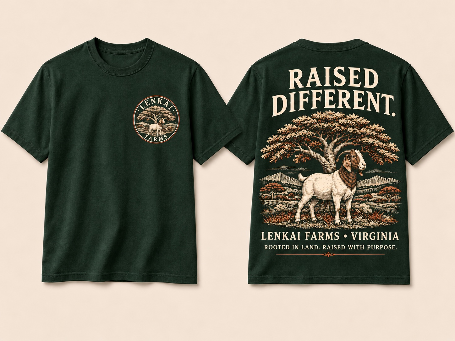 Forest green Lenkai Farms Raised Different Tee shown from the front and back