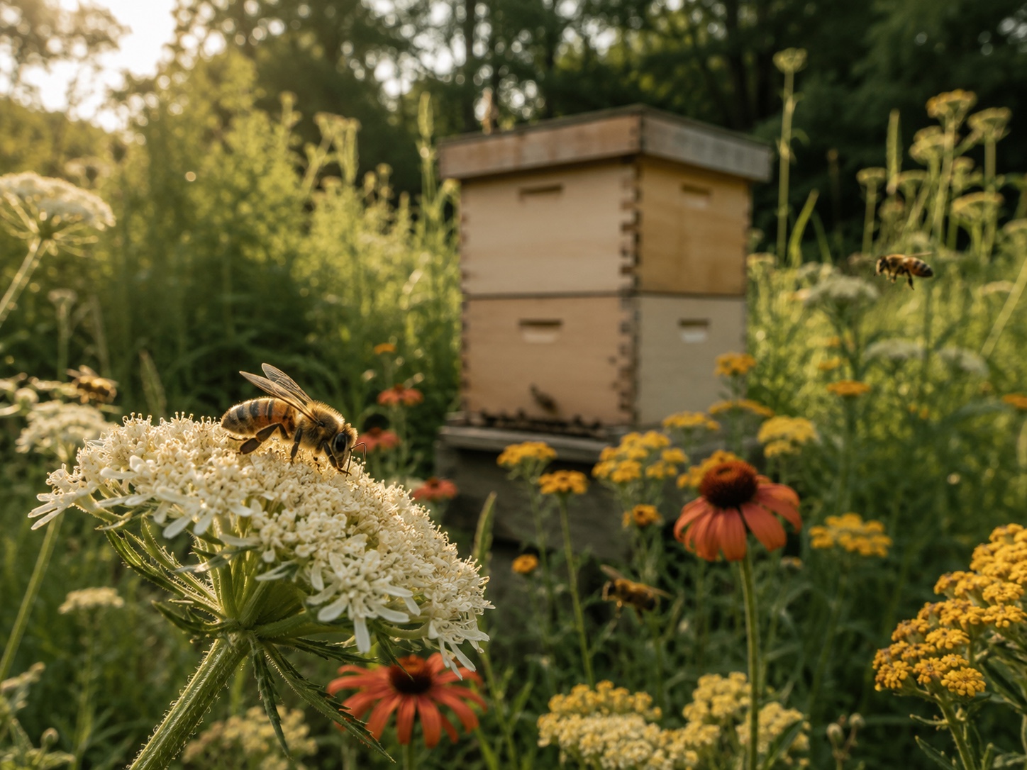 Honeybee foraging on white wildflowers beside a wooden beehive at golden hour
