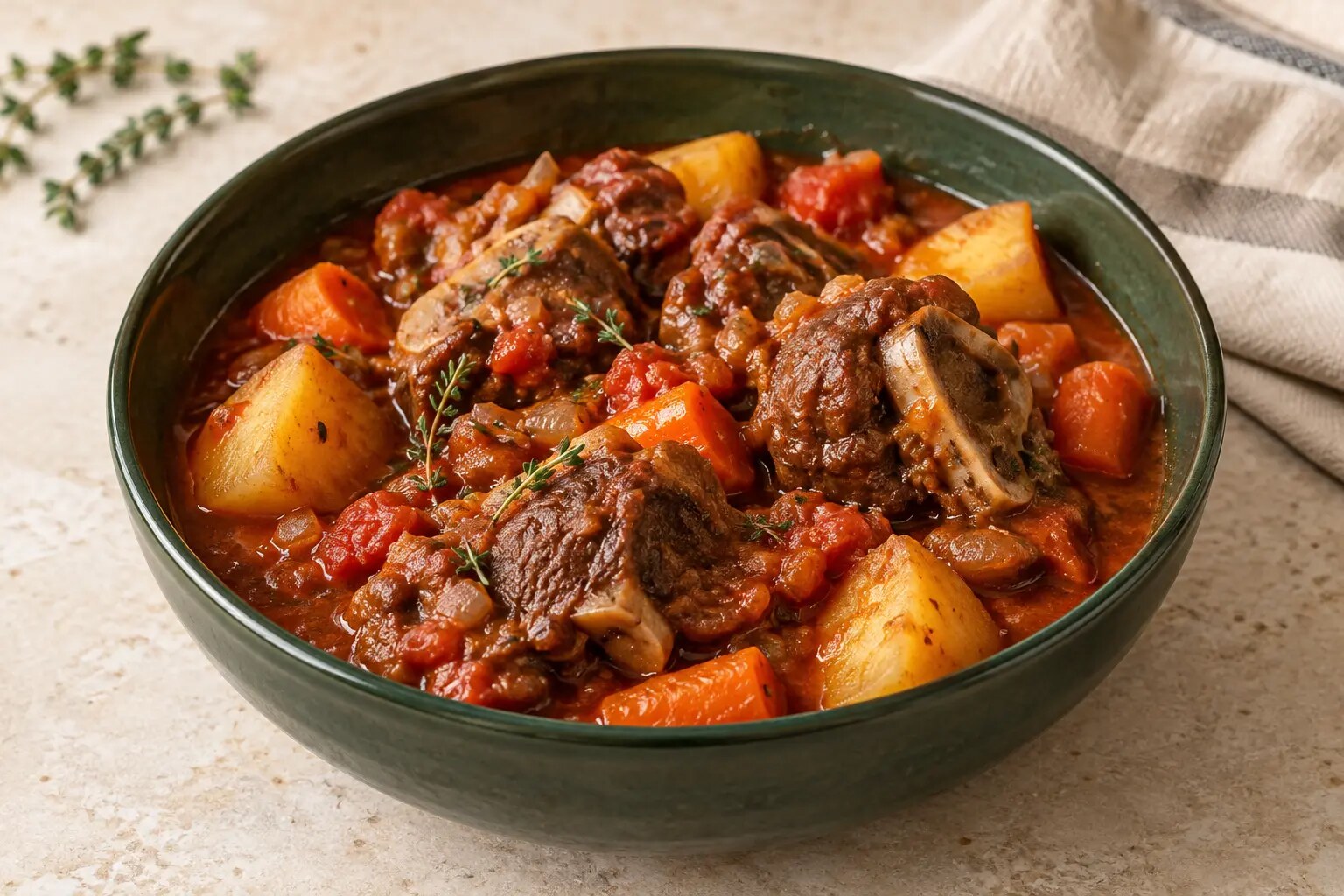 Simple garlic and tomato bone-in goat stew with potatoes and carrots